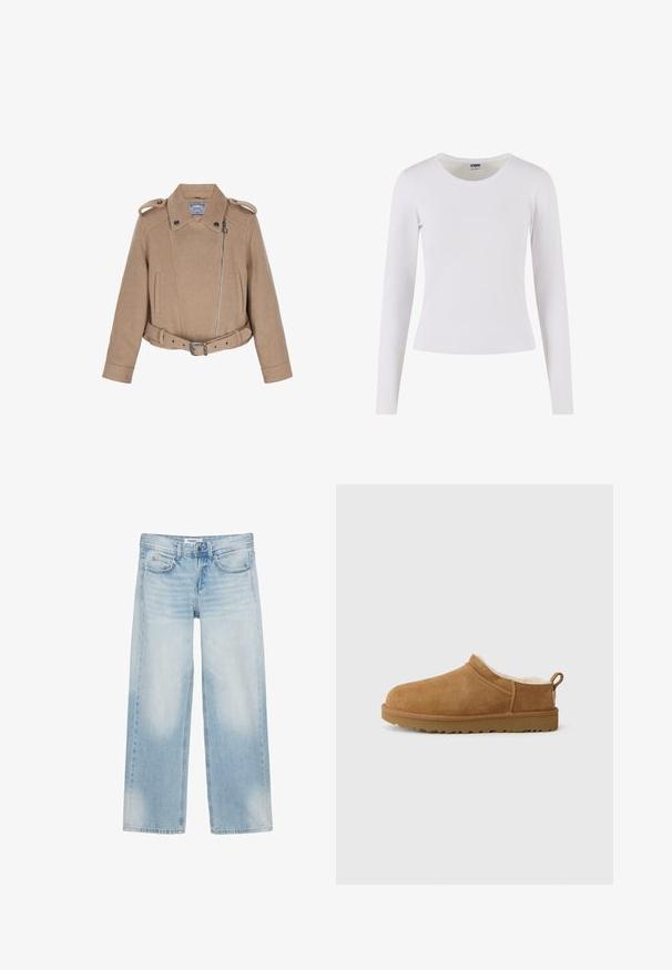 Veste courte en laine marron avec un col montant, un devant à double boutonnage, des poches latérales et une taille ceinturée ; présente des accents en métal.; T-shirt blanc à manches longues en coton doux, avec un col rond et une silhouette ajustée, sans motifs ni accents.; Jean bleu clair à jambes larges avec cinq poches, passants pour ceinture, fermeture par bouton et légère décoloration sur l'avant des cuisses et des genoux.; Chaussure mocassin en suède marron avec une douillette doublure en fourrure blanche, semelle plate en caoutchouc, bout arrondi et petite languette au talon.