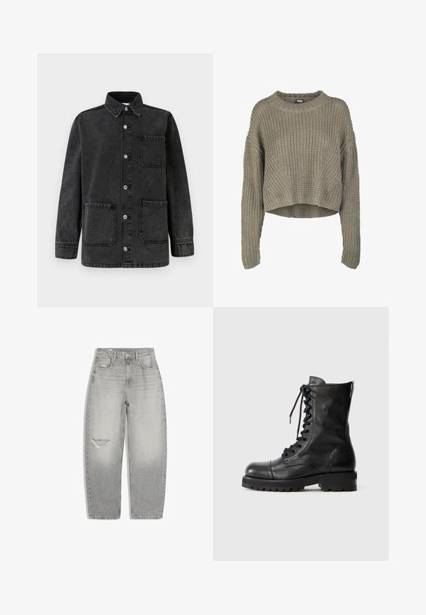 Veste en denim noir avec un col, deux poches avant et des boutons-pression argentés. Le tissu présente une texture légèrement usée.; Pull à manches longues en maille épaisse couleur taupe avec col rond côtelé et ourlet légèrement raccourci.; Jean gris clair taille haute avec fermeture par bouton et fermeture éclair, poches avant et déchirure usée sur la cuisse gauche.; Bottines en cuir noir avec lacets, à bout arrondi, détails en brogue et semelle en caoutchouc robuste. Présente une fermeture éclair à l'arrière pour un enfilage facile.