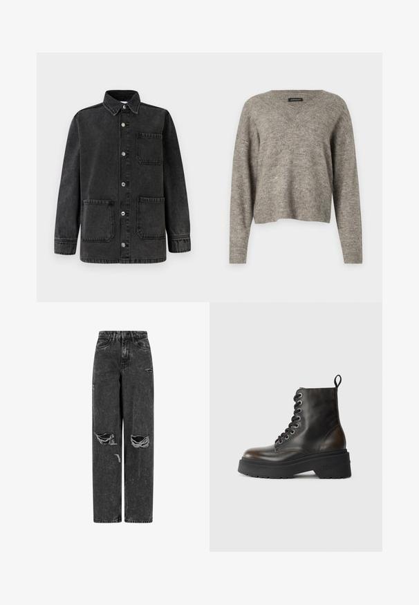 Sort denimjakke med krave, to forlommer og sølvfarvede trykknapper. Stoffet har en let slidt tekstur.; V-hals, langærmet sweater i lysegrå strikket stof med ribbet kant. Let vægt, let cropped design med afslappet pasform.; Sorte højtaljede brede bukser af jeans med rifter på knæene og slidte detaljer på en hvid baggrund.; Sorte læder ankelstøvler med snørebånd, tyk sort sål og en løkke bagpå, prydet med præget mærkenavn på hælen.