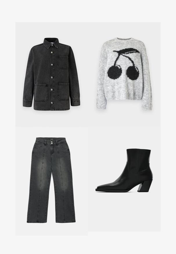 Sort denimjakke med krave, to forlommer og sølvfarvede trykknapper. Stoffet har en let slidt tekstur.; Noisy May NMSUTTON CHERRY - Striktrøje - light grey melange; Bredde ben jeans i mørkegrå denim. Funktionerne inkluderer en knaplukning, to frontlommer og lodret syning for detaljen. Slidte områder er til stede.; Sortlæder ankelstøvle med spids tå, en slank silhuet og en kraftig firkantet hæl. Glat tekstur med minimale stikninger.