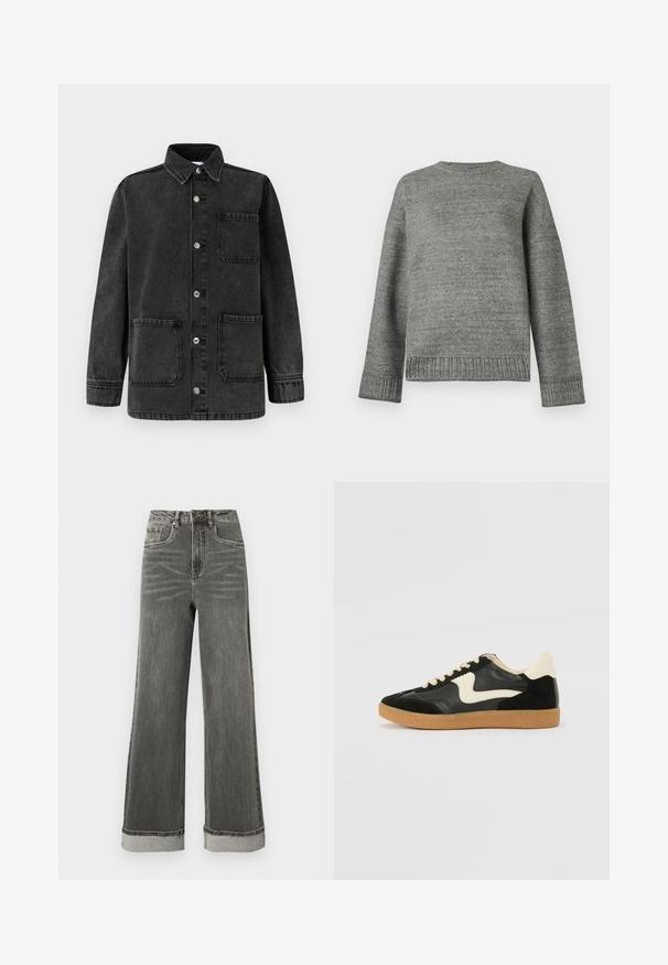 Veste en denim noir avec un col, deux poches avant et des boutons-pression argentés. Le tissu présente une texture légèrement usée.; Pull en tricot gris à encolure ronde, épaules tombantes, et poignets et ourlet côtelés. Texture lisse avec une couleur unie et un minimum de détails.; Jean denim gris à jambes larges avec une taille haute, cinq poches et des ourlets retroussés. Le tissu présente une texture légèrement usée avec des coutures visibles.; Baskets en daim et cuir noir avec un swoosh latéral crème et un talon crème clair. Dotées de lacets beige et d'une semelle en caoutchouc gomme.