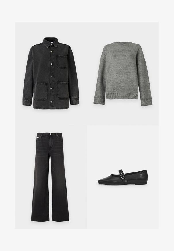 Čierna rifľová bunda s golierom, dvoma prednými vreckami a striebornými patentkami. Materiál má mierne opotrebovaný vzhľad.; Šedý pletený sveter s okrúhlym výstrihom, spustenými ramenami a ribbovanými manžetami a lemom. Hladká textúra s jednofarebným dizajnom a minimálnym zdobením.; Čierne široké rifľové nohavice s predným zapínaním na gombík a zips, s pútky na opasok a piatimi vreckami.; Čierna kožená plochá obuv s okrúhlym nosom, jedným nastaviteľným pásikom so sponou a hladkým, lesklým povrchom. Minimalistický dizajn s nízkym podpätkom.