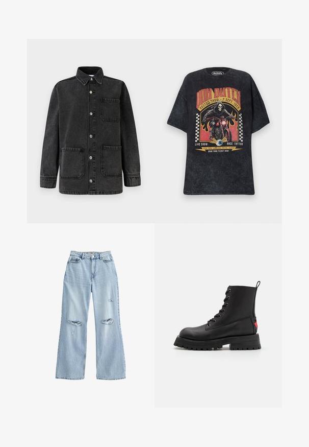 Sort denimjakke med krave, to forlommer og sølvfarvede trykknapper. Stoffet har en let slidt tekstur.; Sort Von Dutch T-shirt med grafik af et skelet, der kører på en motorcykel, flammer, ternede flag og arrangementsdetaljer i rød og gul.; Lyseblå, vide jeans i denim med slidte revner på lårene, høj talje og standard fem-lomme design.; Sort læder ankelstøvle med rund tå, snørebånd foran og kraftig gummisål. Har et rødt logo-akkent på hælen.
