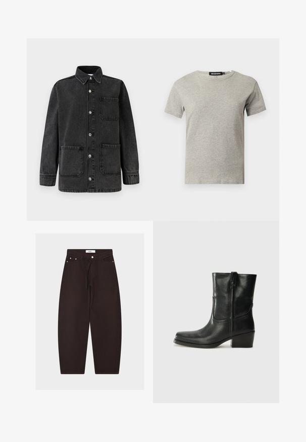 Sort denimjakke med krave, to forlommer og sølvfarvede trykknapper. Stoffet har en let slidt tekstur.; Lysegrå kortærmet crew neck bomulds T-shirt med synligt sort mærke inde i kraven med teksten "DENIM" og størrelse "S".; Sorte bukser med vide ben, frontknap, bæltestropper, snøre i taljen og forlommer, vist på ensfarvet baggrund.; Sort læder ankelstøvle med rundt tå, blokhæl, lynlås i siden og stikninger på vampsiden. Glat tekstur, klassisk design.