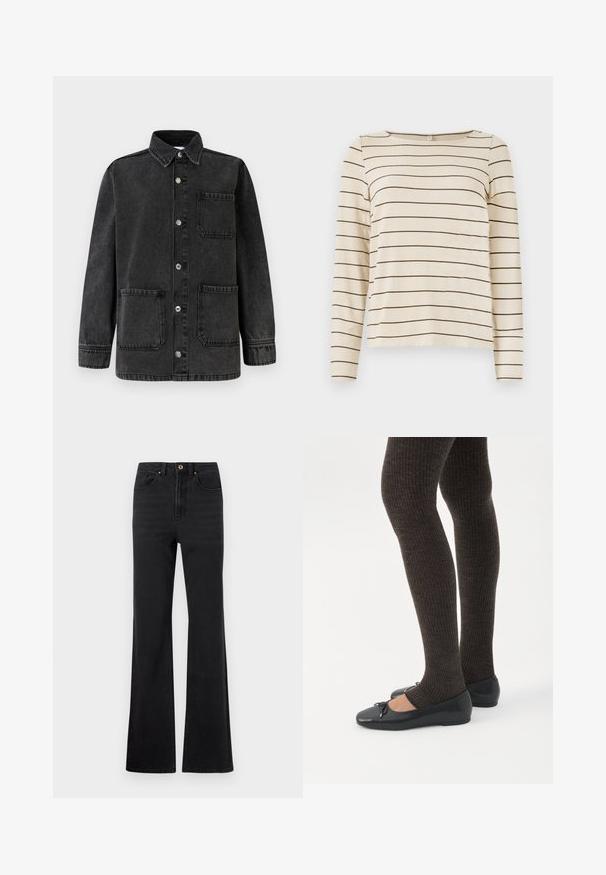Sort denimjakke med krave, to forlommer og sølvfarvede trykknapper. Stoffet har en let slidt tekstur.; Beige langærmet top med mørkebrune vandrette striber, med rund halsudskæring og blød tekstur. Enkel og alsidig design.; Sorte højtaljede denim jeans med foran knap, bæltestropper og let udvidede ben mod en hvid baggrund.; Ben iført mørke ribbede leggings kombineret med sorte balletsko med små sløjfedetaljer på hvid baggrund.