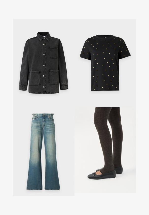 Veste en denim noir avec un col, deux poches avant et des boutons-pression argentés. Le tissu présente une texture légèrement usée.; T-shirt noir à manches courtes en coton, arborant de petits motifs en forme de cœur doré répartis uniformément sur le tissu. Col rond.; Good American GOOD EASE ADJUSTABLE TABS - Wide Leg - indigo; Jambes portant des leggings côtelés foncés associés à des ballerines noires avec de petits détails en nœud sur fond blanc.