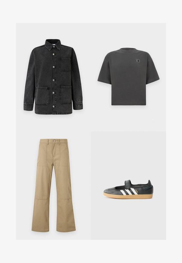 Veste en denim noir avec un col, deux poches avant et des boutons-pression argentés. Le tissu présente une texture légèrement usée.; T-shirt ample à manches courtes de couleur gris foncé, avec col rond et petite étiquette logo Carhartt sur la poitrine gauche.; Pantalon beige taille haute à jambes larges avec poches plaquées à l'avant, passants pour ceinture et fermeture à boutons. Tissu simple et durable avec coutures visibles.; Sneaker en cuir noir et suède avec une sangle Velcro, arborant trois bandes blanches et une semelle en caoutchouc, étiqueté "SAMBA" sur le côté.