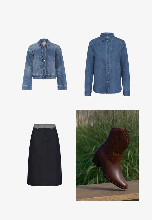 Lysblå denimjakke med klassisk krave, knaplukning, to frontlommer og lange ærmer. Har en let falmet tekstur.; Blå denimskjorte med lange ærmer, knapper og spids krave, brystlomme på venstre side og synlige hvide knapper foran.; Mørkeblå denim A-line nederdel med lys blå taljebånd og bæltestropper, med kontrastsyning og detaljeret frontsømsdesign.; Brun læder cowboystøvle med dekorative syninger, vinklet opad på en træflade med sløret grønt græs i baggrunden.