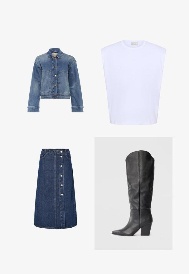 Jeansjacke in Hellblau mit klassischem Kragen, Knopfleiste, zwei vorderen Taschen und langen Ärmeln. Hat eine leicht ausgewaschene Textur.; Weißes ärmelloses Oberteil mit strukturierten Schultern, rundem Ausschnitt und dezentem eingeprägtem Logo vorne in der Mitte.; Jeansrock mit hoher Taille, vorderer Knopfleiste und zwei Seitentaschen. Dunkelblaue Farbe, gerader Schnitt und sichtbare Nahtdetails.; Schwarze kniehohe Stiefel aus Leder mit spitzem Zeh und blockigem Absatz. Das Design zeichnet sich durch eine glatte Textur und minimalistische Linien aus.
