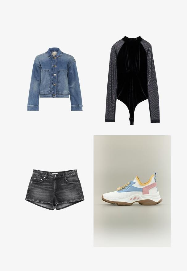 Lysblå denimjakke med klassisk krave, knaplukning, to frontlommer og lange ærmer. Har en let falmet tekstur.; Sort bodysuit med en velvet overdel og gennemsigtige mesh lange ærmer. Har en høj halsudskæring og en tætsiddende pasform med en thong cut i bunden.; Sorte denimshorts med frontknap, fem lommer og synlige syninger, lagt fladt på en hvid baggrund.; Hvid sportsko med blå og lyserøde detaljer, gul inderside, beige snørebånd og brun sål mod en neutral baggrund.