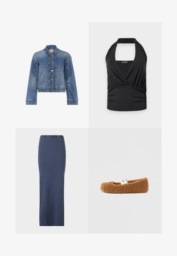 Jeansjacke in Hellblau mit klassischem Kragen, Knopfleiste, zwei vorderen Taschen und langen Ärmeln. Hat eine leicht ausgewaschene Textur.; Schwarzes ärmelloses Neckholder-Top mit tiefem V-Ausschnitt und geraffter Taille, präsentiert vor hellem, einfarbigem Hintergrund.; Dunkelblaßer, gerippter Strick-Bleistiftrock mit taillierter Passform und geradem Schnitt. Verfügt über einen elastischen Bund und eine glatte Textur.; Brauner, flauschiger Hausschuh mit weicher Sohle und einem weißen elastischen Riemen oben, vor schlichtem weißem Hintergrund.