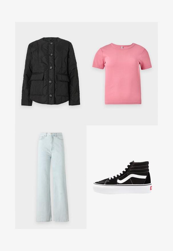 Zwarte gewatteerde jas met een ronde hals, voorzien van zes knopen, twee voorkanten en textuursteekpatronen. Glad stoffen afwerking.; Korte mouwen roze geribbelde T-shirt gemaakt van zachte stof, met een ronde halslijn en een iets getailleerd ontwerp.; Lichtblauwe wijde jeans met een hoge taille, gemaakt van denim stof. Heeft een knoop- en ritssluiting met voorzakken.; Zwarte high-top sneakers met witte veters, een wit logo en contrasterende witte stiksels. Heeft een dikke witte zool en een bovenwerk van gestructureerd suede.