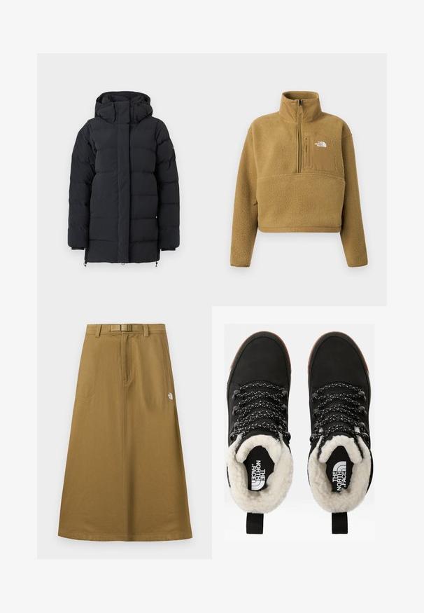 Zwarte gewatteerde winterjas met hoge kraag en capuchon, voorzien van lange mouwen en een voordeel met een rits die verborgen is achter een flap.; Beige fleece trui met een halve ritssluiting bij de kraag, een voorzak en een elastische zoom; heeft een zachte, gestructureerde oppervlakte en een wit logo-accent.; Lange, beige buitenrok met voorzakken, geïntegreerde riem en het The North Face-logo aan de rechterkant.; Zwarte waterdichte enkellaarsjes met een faux fur voering, textuurovereenkomst, wit en zwart gestreepte veters, en een trekhaak bij de hiel.
