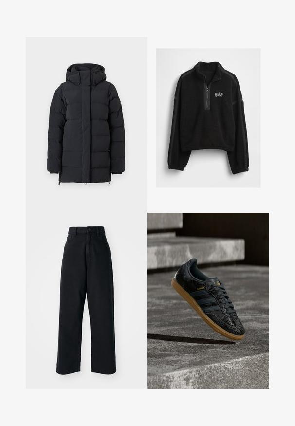 Zwarte gewatteerde winterjas met hoge kraag en capuchon, voorzien van lange mouwen en een voordeel met een rits die verborgen is achter een flap.; Zwarte fleece pullover met een halve ritssluiting, contraststof zijpanelen en een klein "GAP" logo op de borst. Zachte textuur, ontspannen pasvorm.; Zwarte high-waisted wide-leg jeans met voorzakken en knoopsluiting, weergegeven tegen een witte achtergrond.; Zwarte Adidas Samba sneaker met een gestructureerd patroon, gumzool en gouden logo, zwevend boven betonnen trappen.