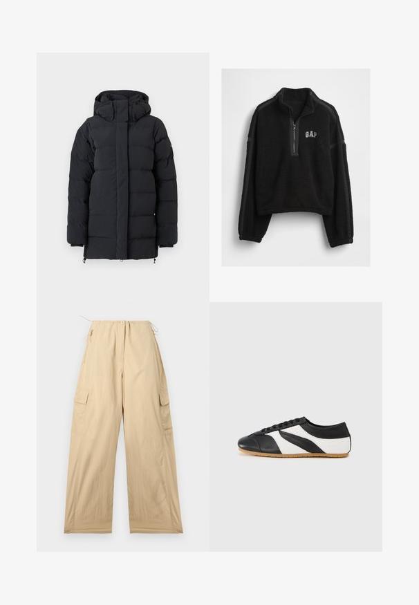 Sort polstret vinterjakke med høj krave og hætte, med lange ærmer og en frontlynlås dækket af en flap.; Sort fleece pullover med halv lynlås, kontrasterende stofsider og et lille "GAP" logo på brystet. Blød tekstur, afslappet pasform.; Beige cargo bukser med relaxed fit, der har en snor i taljen, to sidelommer og et glat, let materiale.; Sort-hvid sneaker med et buet design, lavet af læder, med en struktureret sort tåhætte og en sål af gummirubber. Snørelukning.
