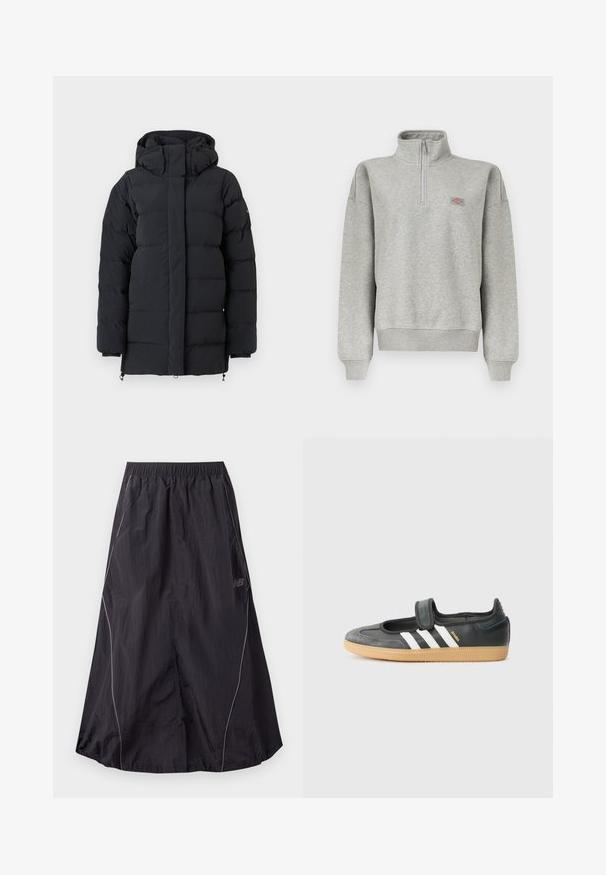 Sort polstret vinterjakke med høj krave og hætte, med lange ærmer og en frontlynlås dækket af en flap.; Lysegrå sweatshirt med kvart-lynlås, ribkant ved ærmer og kant, med en lille flerfarvet logopatch på venstre bryst.; Sort let nylon atletisk nederdel med elastisk talje og diskret reflekterende piping langs siderne, New Balance-logo på højre side.; Sort læder- og ruskinds sneakers med en Velcro-rem, der har tre hvide striber og en gummisål, mærket "SAMBA" på siden.