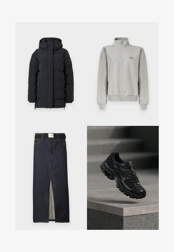 Zwarte gewatteerde winterjas met hoge kraag en capuchon, voorzien van lange mouwen en een voordeel met een rits die verborgen is achter een flap.; Lichtgrijze quarter-zip sweater met geribde manchetten en zoom, voorzien van een klein meerkleurig logovignet op de linkerborst.; Denim midi-rok in donkerblauw met een voorste split. Voorzien van gele stiknaden en een zwarte riem met een zilveren gesp. Eenvoudig, recht ontwerp.; Zwarte Nike hardloopschoen met mesh en synthetische bovenkant die boven een betonnen oppervlak en trappen op de achtergrond zweeft.