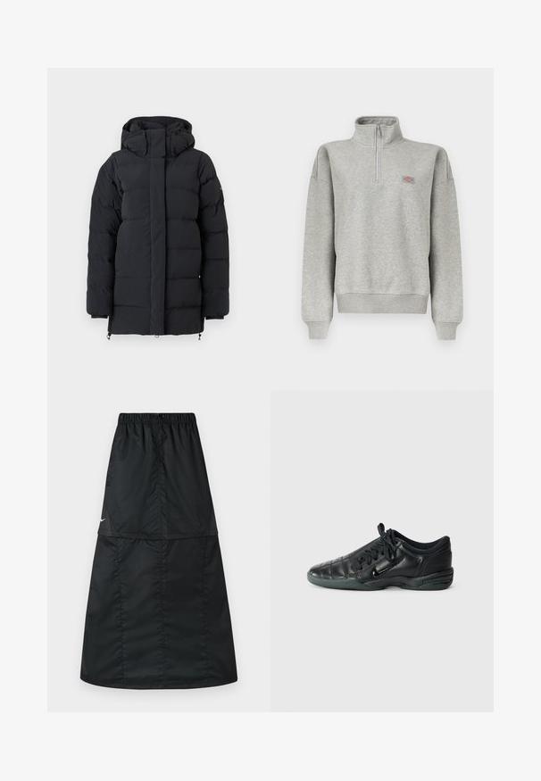 Sort polstret vinterjakke med høj krave og hætte, med lange ærmer og en frontlynlås dækket af en flap.; Lysegrå sweatshirt med kvart-lynlås, ribkant ved ærmer og kant, med en lille flerfarvet logopatch på venstre bryst.; Sort atletisk nederdel lavet af let, glat nylonstof. Har elastisk taljebånd og et enkelt, langt, A-formet design.; Sorte læder sportssko med quiltet design, rund tå, snørret foran og gummisål. Har subtil branding på siden.