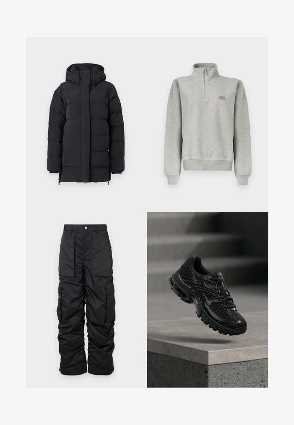 Zwarte gewatteerde winterjas met hoge kraag en capuchon, voorzien van lange mouwen en een voordeel met een rits die verborgen is achter een flap.; Lichtgrijze quarter-zip sweater met geribde manchetten en zoom, voorzien van een klein meerkleurig logovignet op de linkerborst.; Zwarte geïsoleerde cargobroek met een gladde textuur, voorzien van meerdere zakken, een rits onderaan en een knoopsluiting bij de taille.; Zwarte Nike hardloopschoen met mesh en synthetische bovenkant die boven een betonnen oppervlak en trappen op de achtergrond zweeft.