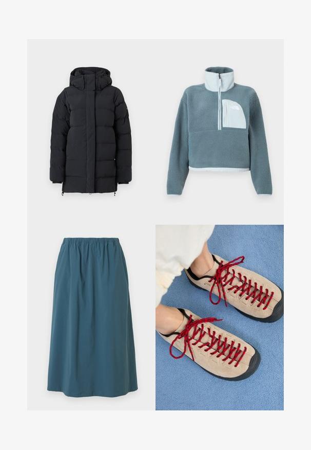 Sort polstret vinterjakke med høj krave og hætte, med lange ærmer og en frontlynlås dækket af en flap.; Blå fleecepullover med halvhøj lynlås, høj krave og lys blå brystlomme med The North Face-logo.; Blå knælængde nederdel med elastisk taljebånd, glat stof og let rynker ved toppen, vist mod en hvid baggrund.; Beige sko med røde snørebånd, placeret på en blå tekstureret overflade, delvist synliggørende en persons ankel. Skoene har et sporty design.