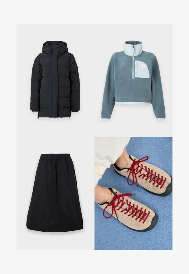 Sort polstret vinterjakke med høj krave og hætte, med lange ærmer og en frontlynlås dækket af en flap.; Blå fleecepullover med halvhøj lynlås, høj krave og lys blå brystlomme med The North Face-logo.; Sort A-formet nederdel med elastisk taljebånd og justerbar snøre, knælængde, ensfarvet design med sidelommer.; Beige sko med røde snørebånd, placeret på en blå tekstureret overflade, delvist synliggørende en persons ankel. Skoene har et sporty design.