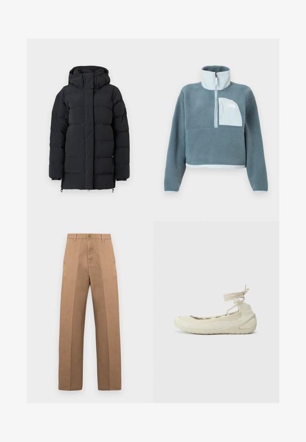 Veste d'hiver noire matelassée avec un col montant et une capuche, dotée de manches longues et d'une fermeture éclair à l'avant dissimulée par un rabat.; Pullover en polaire bleu avec demi-fermeture éclair, col montant et poche poitrine bleu clair arborant le logo The North Face.; Pantalon en coton marron avec une coupe à jambe droite, doté d'une fermeture par bouton, de passants pour ceinture, et de coutures minimales pour un look épuré.; Ballerines beige clair avec un bout arrondi, une bride à lacets à la cheville, une surface texturée et un design de semelle flexible. Convient pour un usage décontracté.