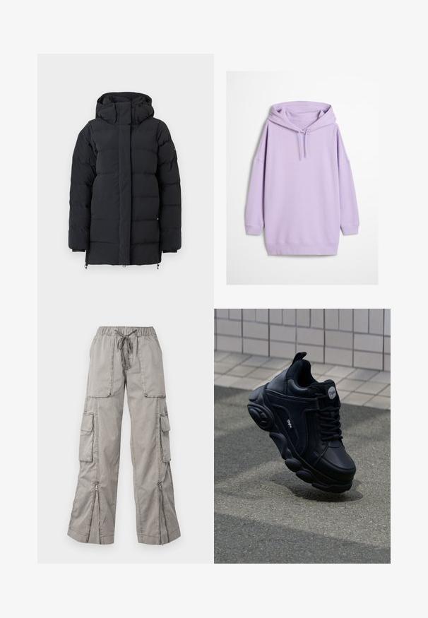 Schwarze gepolsterte Winterjacke mit hohem Kragen und Kapuze, ausgestattet mit langen Ärmeln und einem durch eine Klappe verdeckten Reißverschluss auf der Vorderseite.; Lilafarbener Hoodie aus weichem Stoff, mit Kordelzugkapuze, lockerer Passform und gerippten Bündchen und Saum. Einfaches Design ohne auffällige Muster.; Helle graue Cargo-Hosen mit elastischem Bund, verstellbarem Knoten, mehreren seitlichen Taschen und Reißverschlussabschlüssen. Hergestellt aus weichem, leichtem Material.; Schwarze Sneaker mit einer massiven Sohle, Obermaterial aus glattem Leder und strukturierten Akzenten. Mit runder Zehenpartie und dekorativer Naht.