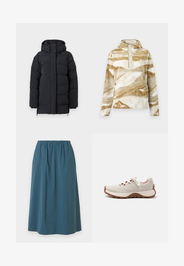 Zwarte gewatteerde winterjas met hoge kraag en capuchon, voorzien van lange mouwen en een voordeel met een rits die verborgen is achter een flap.; Fleece pullover met beige en witte abstracte patronen, lange mouwen, ritszakken, knoopkraag en aangehechte capuchon.; Blauwe knie-lange rok met elastische tailleband, gladde stof en lichte plooien bij de bovenkant, afgebeeld tegen een witte achtergrond.; Lichtbeige sneaker met witte veters, een klittenbandsluiting en een dikke bruine rubberen zool met diepe groeven voor extra grip.