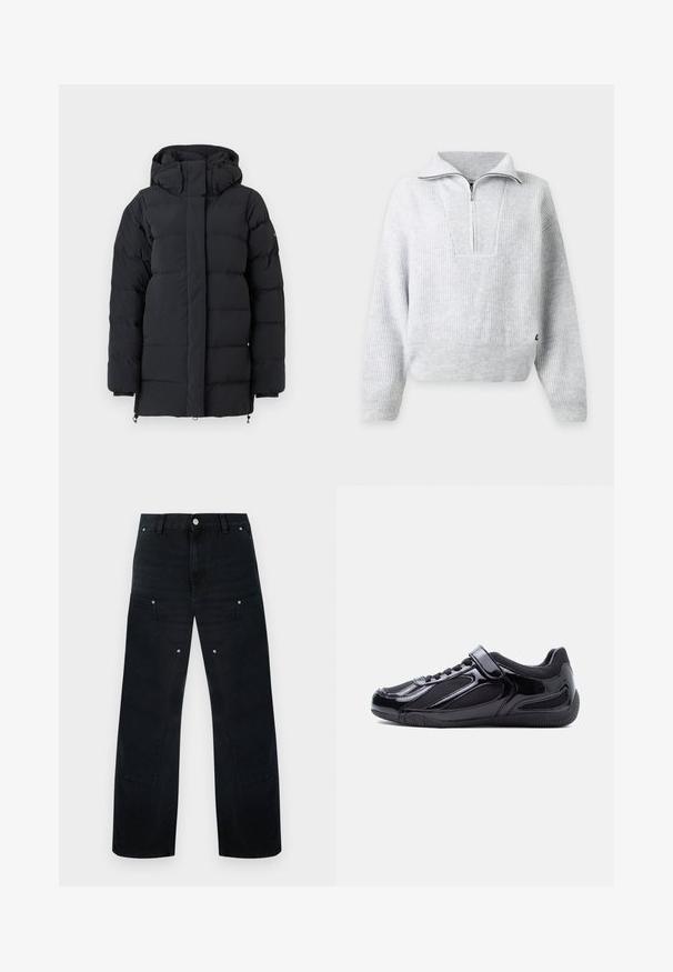 Sort polstret vinterjakke med høj krave og hætte, med lange ærmer og en frontlynlås dækket af en flap.; Lysegrå ribstrikket pullover med lange ærmer og en halv lynlås krave, vist mod en ensfarvet hvid baggrund.; Sorte denimvide bukser med høj talje, med afdæmpede syninger, to forlommer og metalhardware-detaljer.; Sort lavprofilsneaker med blanke og stofpaneler, elastiske snørebånd og en velcrolukke på en hvid baggrund.