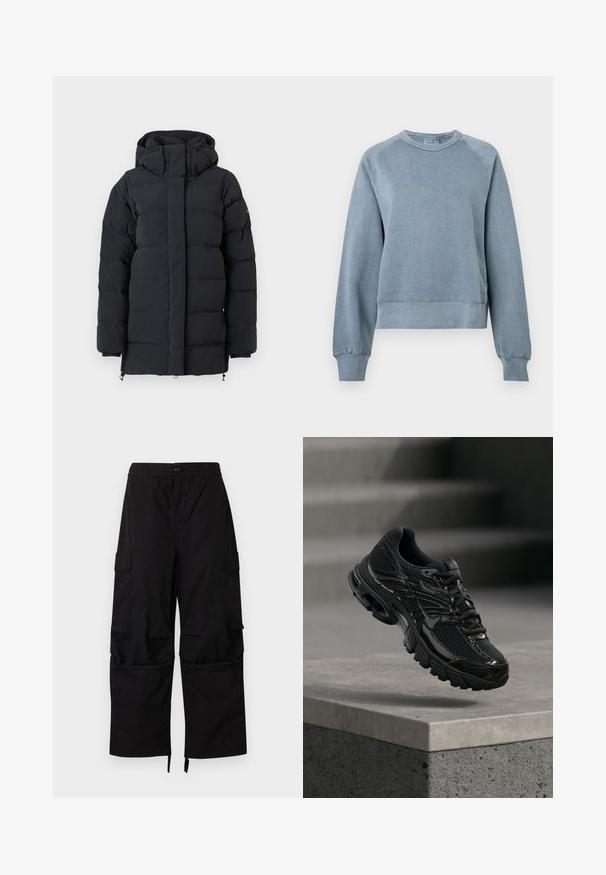 Sort polstret vinterjakke med høj krave og hætte, med lange ærmer og en frontlynlås dækket af en flap.; Blå bomulds sweatshirts med rund hals, ribbede manchetter og kant. Har en afslappet pasform og raglanærmer, med en blød tekstur for komfort.; Sorte cargobukser med elastisk talje, knaplukning, sidelommer med klap og brede, lige ben med justerbare kanter.; Sort Nike løbesko med mesh og syntetisk overdel, der svæver over en betonoverflade og trin i baggrunden.