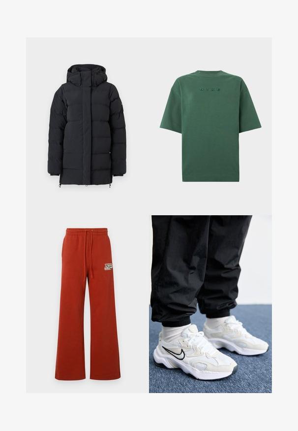 Schwarze gepolsterte Winterjacke mit hohem Kragen und Kapuze, ausgestattet mit langen Ärmeln und einem durch eine Klappe verdeckten Reißverschluss auf der Vorderseite.; Dunkelgrünes T-Shirt mit kurzen Ärmeln und Rundhalsausschnitt, mit besticktem "NIKE"-Logo, das mittig auf der Brust platziert ist.; Rote Sweatpants mit weitem Bein, elastischem Bund und Kordelzug. Mit einem gedruckten Nike-Logo auf der linken Seite. Weiche Textur, lässiges Design.; Weiße und hellgraue SportSneaker mit einer strukturierten Oberseite, dicke Sohle und schwarzem Swoosh-Logo. Getragen mit schwarzen Jogginghosen und weißen Socken.