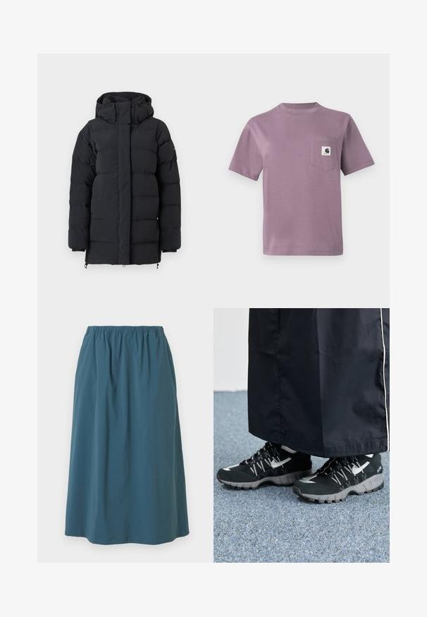 Sort polstret vinterjakke med høj krave og hætte, med lange ærmer og en frontlynlås dækket af en flap.; Lilla bomulds T-shirt med rund hals, korte ærmer og en lomme på venstre bryst med et logo mærke. Glat tekstur, afslappet pasform.; Blå knælængde nederdel med elastisk taljebånd, glat stof og let rynker ved toppen, vist mod en hvid baggrund.; Sorte sportsko med en struktureret overdel, sølvdetaljer og en mønstret ydersål, parret med et langt sort plagg. Sat mod blå tæpper.