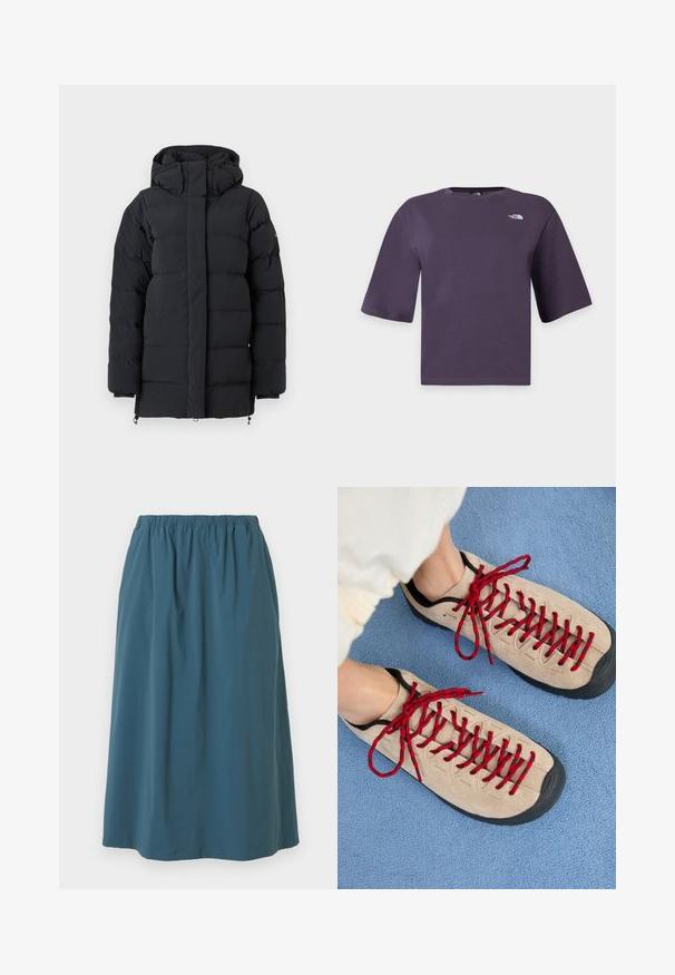 Zwarte gewatteerde winterjas met hoge kraag en capuchon, voorzien van lange mouwen en een voordeel met een rits die verborgen is achter een flap.; Donkerpaarse T-shirt met korte mouwen en ronde hals met het witte The North Face-logo op de linkerborst.; Blauwe knie-lange rok met elastische tailleband, gladde stof en lichte plooien bij de bovenkant, afgebeeld tegen een witte achtergrond.; Beige schoenen met rode veters, geplaatst op een blauwe, gestructureerde ondergrond, onthullen gedeeltelijk de enkel van een persoon. De schoenen hebben een sportief ontwerp.