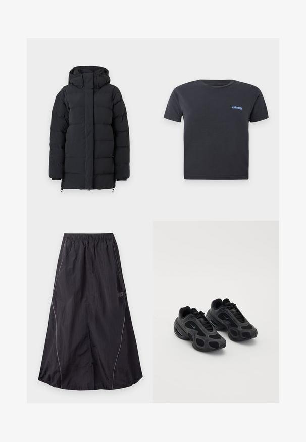 Sort polstret vinterjakke med høj krave og hætte, med lange ærmer og en frontlynlås dækket af en flap.; Sort bomulds t-shirt med korte ærmer, rund hals, med et blåt "obey" logo på venstre bryst. Glat tekstur, almindelig pasform.; Sort let nylon atletisk nederdel med elastisk talje og diskret reflekterende piping langs siderne, New Balance-logo på højre side.; Sorte Nike sneakers med mesh- og suede-paneler, unikke udsparinger og polstrede kraver. Skinnende accenter på siderne fremhæver et moderne design.