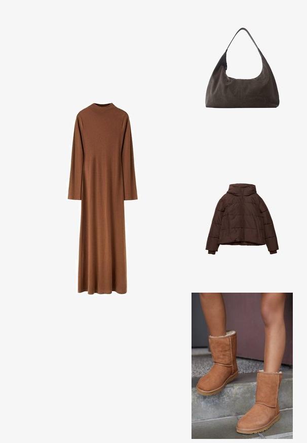 Doudoune marron avec capuche, dotée d'une fermeture éclair sur le devant, d'un design matelassé et de poignets côtelés. Le matériau est lisse avec une finition mate.; Robe marron à manches longues, col montant, longueur jusqu'aux chevilles, en tissu lisse avec une coupe droite et ample.; Bottines en suede marron, à bout rond, avec une doublure douce et une semelle en caoutchouc, présentant des détails de couture visibles le long des coutures.; Sac à main hobo en cuir souple marron foncé avec une large bandoulière unique et un détail subtil de couture centrale sur fond blanc.