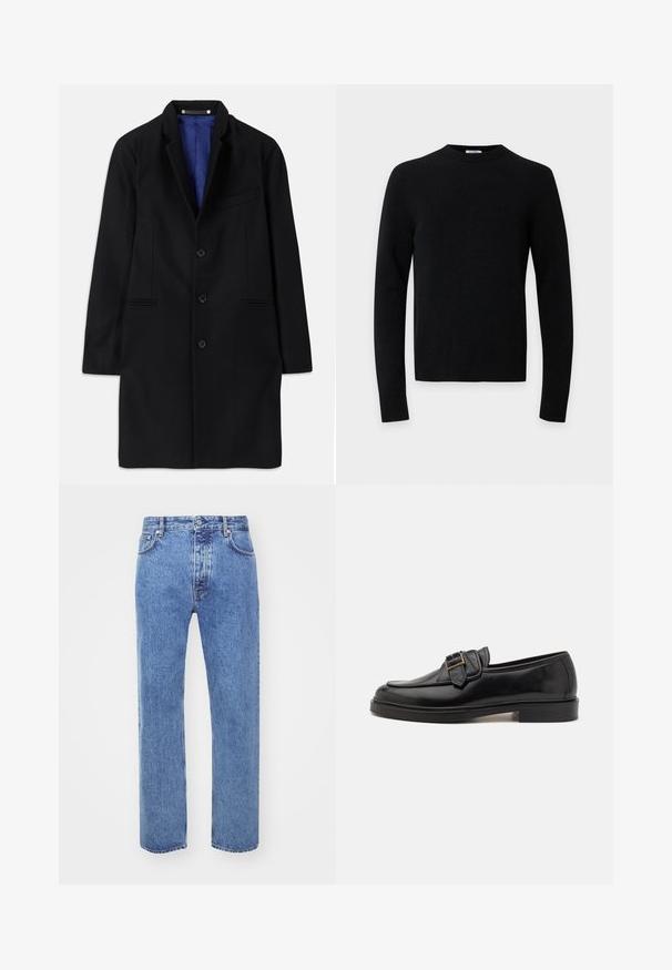 Manteau en laine noir au design ajusté, à revers cranté, fermeture à cinq boutons, poches latérales et doublure en satin bleu.; Pull noir à manches longues avec col rond, ourlet et poignets côtelés sur un fond gris clair uni.; Won Hundred STEVE - Jean boyfriend - cut blue; Mocassins en cuir noir avec un bout arrondi et une boucle décorative. Talon plat, solide et texture lisse sur l'ensemble.