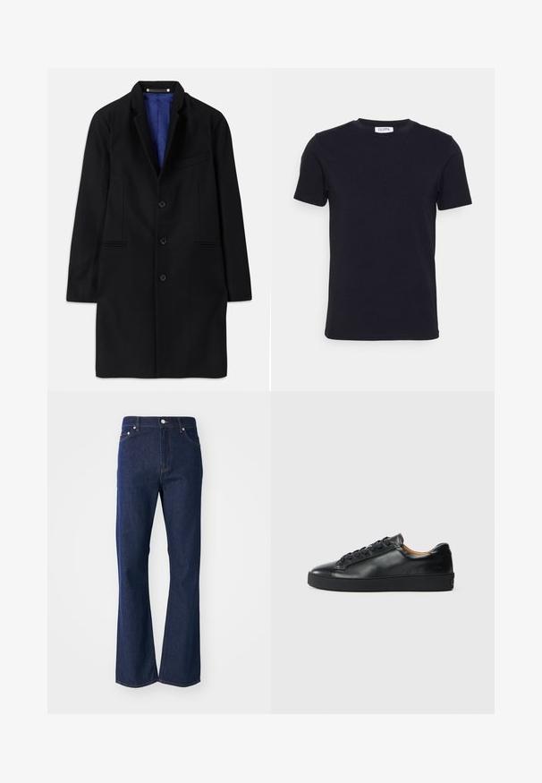 Manteau en laine noir au design ajusté, à revers cranté, fermeture à cinq boutons, poches latérales et doublure en satin bleu.; T-shirt noir à manches courtes avec un col ras-du-cou, muni d'une petite étiquette blanche à l'intérieur du col.; Jean en denim bleu foncé taille haute, coupe droite et design cinq poches sur un fond clair uni.; Baskets en cuir noir avec une texture lisse, bout rond et fermeture à lacets. Comprend une semelle en caoutchouc épaisse et un minimum de détails de marque.