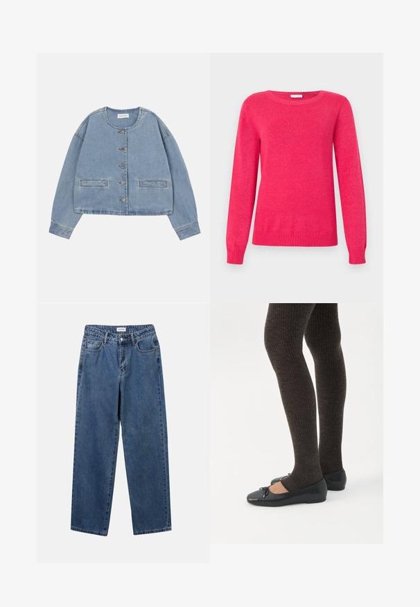 Veste en denim bleu clair courte avec col rond, cinq boutons sur le devant et deux poches horizontales fendues.; Pull fuchsia avec un col rond, des manches longues et des poignets et un ourlet côtelés. Confectionné en maille douce avec une texture lisse.; Jean en denim bleu classique avec une coupe droite, cinq poches et une fermeture par bouton. Présente un lavage moyen et une texture robuste.; Jambes portant des leggings côtelés foncés associés à des ballerines noires avec de petits détails en nœud sur fond blanc.