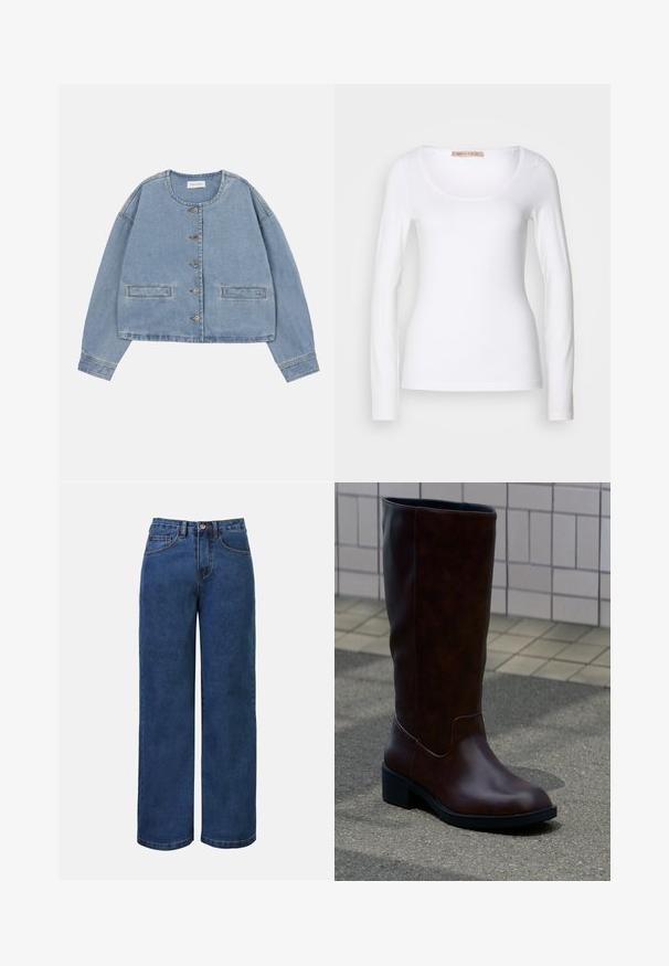 Veste en denim bleu clair courte avec col rond, cinq boutons sur le devant et deux poches horizontales fendues.; T-shirt en coton blanc à manches longues, avec un col rond et une coupe ajustée, au toucher doux et sans ornement.; Jean large en denim bleu foncé avec taille haute, doté d'une fermeture à bouton, de passants de ceinture et de poches avant et arrière. Texture lisse.; Botte en cuir marron foncé mi-mollet avec un bout arrondi et un petit talon bloc, posée sur le trottoir près d’un mur carrelé.