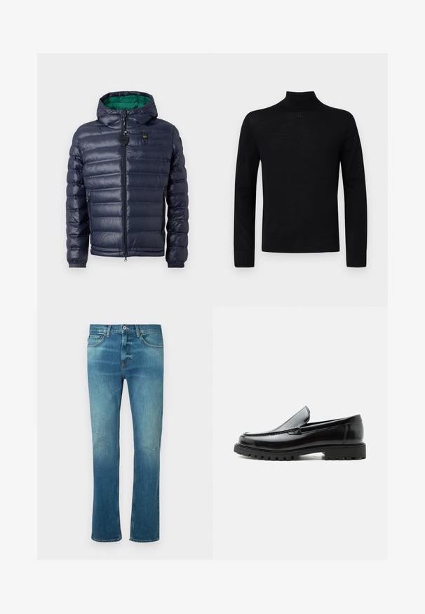 Doudoune navy avec capuche, design matelassé, intérieur vert, fermeture éclair et poches latérales. Présente une étiquette de marque sur la poitrine.; Un pull-over noir à col roulé en tissu doux, avec des manches longues et une silhouette ajustée, présentant un petit détail rond au niveau du cou.; Jean en denim bleu avec une coupe droite, présentant une finition délavée, des distresses légères au niveau des genoux et un design classique à cinq poches.; Mocassin en cuir noir avec semelle en caoutchouc épaisse, dessus cousu et nom de marque embossé sur le talon, présenté de profil sur fond blanc.