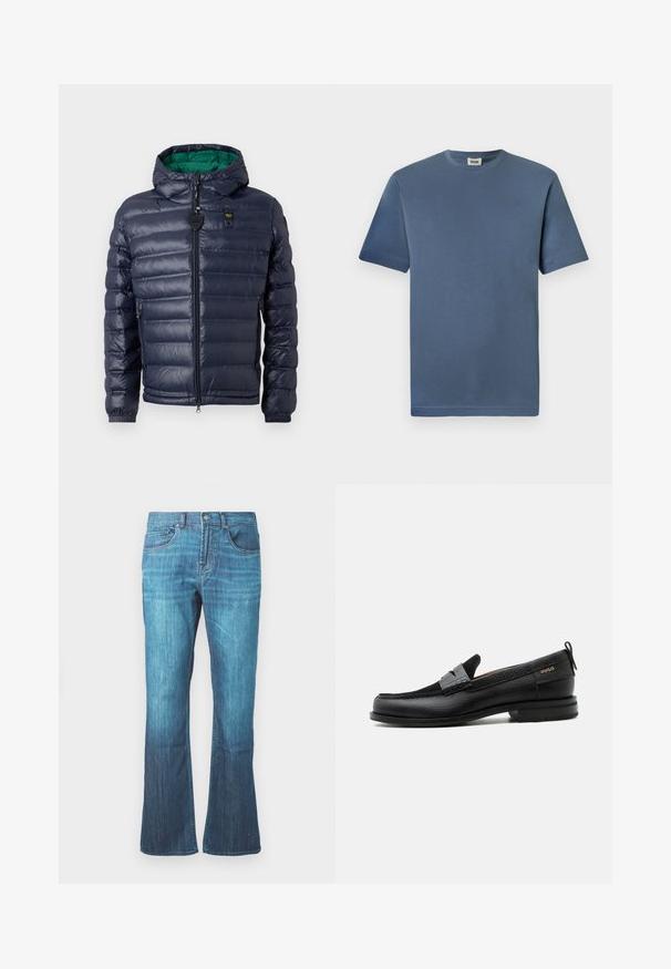 Doudoune navy avec capuche, design matelassé, intérieur vert, fermeture éclair et poches latérales. Présente une étiquette de marque sur la poitrine.; T-shirt en coton bleu avec un col rond et des manches courtes. Présente une texture lisse et un ourlet droit. Pas de motifs ou graphiques visibles.; Jeans en denim lavé bleu moyen avec un léger évasement en bas, design classique à cinq poches, et fermeture à bouton et à zipper à l'avant.; Mocassin en cuir noir avec détail de bride grise, talon bas et semelle texturée, marqué "HUGO" en or sur le côté.