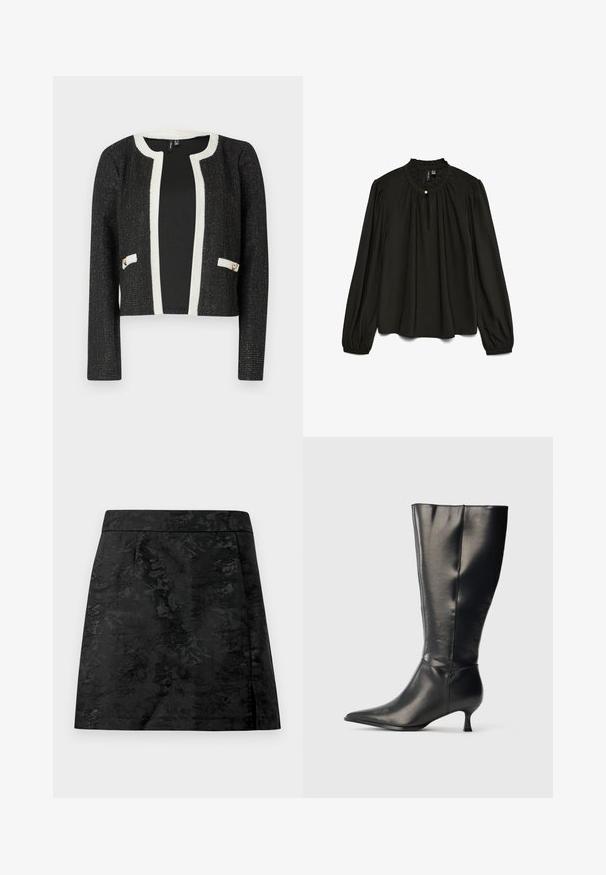 Veste noire cropped avec des finitions blanches et des poches, présentant un tissu texturé avec des fils métalliques et deux accents dorés sur les poches.; Blouse noire à manches longues avec un col rond froncé, présentant un subtil détail de bouton et une silhouette fluide, confectionnée dans un tissu léger.; Jupe noire avec un motif floral, texture lisse et coupe ajustée. Présente une taille élastiquée et une coupe droite avec une légère évasement.; Botte en cuir noire montant jusqu'au genou, avec un bout pointu et un petit talon bas, présentée sur un fond clair uni.