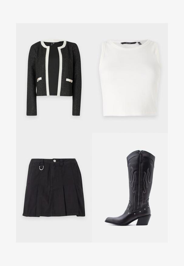 Must have must outfit in must jacket with a love and love trim. Must be padded with a light and soft fabric, with softly crossed golden threads. Two pockets with gold tone accents on the lowest side add a touch of grace.; Valge ribadega ilma varrukateta top, ümarate kaelustega. Kanga välimus on pehme ja veniv, ilma nähtavate kaunistuste või mustriteta.; Must have musteljakotist valmistatud must pleiditud seelik, millel on ees nupuga sulgemine, vööloopsud ja D-rõngas aktsent vöökohal.; Mustad nahast kauboisaapad terava ninaga, nähtavate õmblustega, hõbedaste naelakujuliste aksessuaaridega ja siseküljel lukuga.