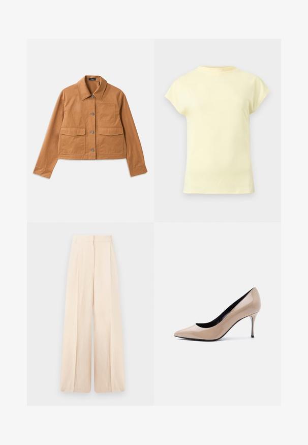 Veste brune cropped en matériau durable, dotée d'un col, d'une fermeture à boutons, de deux poches avant et d'une finition texturée.; T-shirt jaune clair à manches courtes avec un col rond, présenté sur un fond gris clair neutre.; Pantalon taille haute à jambes larges en tissu beige clair avec plis devant et ceinture avec passants.; Chaussure à talon haut pointu en cuir verni beige avec talon aiguille fin et doublure intérieure noire sur fond blanc.