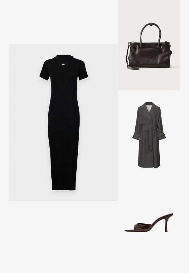 Grauer Trenchcoat mit einem doppelt-knöpfbaren Vorderteil, tailliertem Bund, breitem Kragen und Manschetten. Hat eine glatte Textur und ein maßgeschneidertes Design.; Schwarzes, geripptes Strickkleid mit taillierter Silhouette, kurzen Ärmeln und einem dezenten Kragen. Langer Schnitt mit strukturierten Stoffdetails.; Dunkelbrauner Lackleder-Mule mit offenem Zehenbereich, breitem Riemen und schlankem hohen Absatz auf weißem Hintergrund.; Dunkelbraune Ledertasche mit zwei oberen Griffen, verstellbaren Seitenriemen mit goldenen Schnallen und abnehmbarem Schulterriemen.