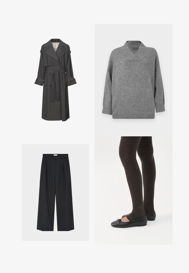 Grijze trenchcoat met een dubbelzijdige voorkant, een ceintuur in de taille, brede revers en mouwen. Heeft een soepele textuur en een op maat gemaakte ontwerp.; Grijze wollen trui met een V-hals, verlaagde schouders en lange mouwen. Zachte textuur met een iets overmaatse pasvorm en naadloze constructie.; Zwarte wijde broek met voorvouwen, riemlussen en zijzakken op een effen lichte achtergrond.; Benen met donkere geribbelde leggings gecombineerd met zwarte ballerina's met kleine strikdetails op een witte achtergrond.