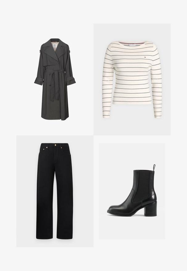 Grauer Trenchcoat mit einem doppelt-knöpfbaren Vorderteil, tailliertem Bund, breitem Kragen und Manschetten. Hat eine glatte Textur und ein maßgeschneidertes Design.; Weißer Langarm-Strickpullover mit dünnen horizontalen Marineblau-Streifen und kleinem Tommy Hilfiger Logo auf der Brust.; Schwarze Baumwollhosen mit geradem Bein, ausgestattet mit goldfarbenen Beschlägen und zwei Fronttaschen. Glatte Textur und klassischer Schnitt.; Schwarze Lederknöchelstiefel mit elastischen Seitenpaneelen, abgerundeter Spitze und Blockabsatz. Glatte Textur mit minimalen Nähdetails.