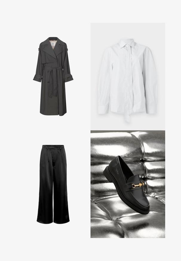 Grauer Trenchcoat mit einem doppelt-knöpfbaren Vorderteil, tailliertem Bund, breitem Kragen und Manschetten. Hat eine glatte Textur und ein maßgeschneidertes Design.; Weißes Langarmhemd mit klassischem Kragen und verlängertem vorderen Krawattenband. Aus glattem Stoff gefertigt, mit lockerer Passform und ohne Muster.; Schwarze Satinhose mit weitem Bein und glatter Textur, ausgestattet mit einem strukturierten Bund und vorderen Falten für zusätzliche Details.; Schwarze Leder-Loafer mit goldfarbener Hardware. Der Schuh zeichnet sich durch ein elegantes Design und eine glatte, glänzende Oberfläche aus.