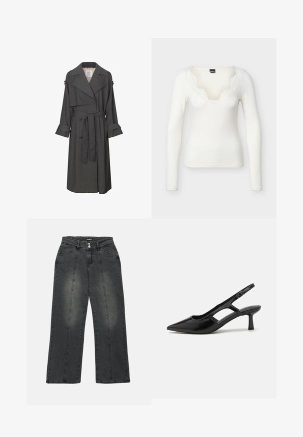 Grå trenchcoat med dobbelbrystet front, bælte i taljen, brede kraver og manchetter. Har en glat tekstur og skræddersyet design.; Hvid langærmet ribstrikket skjorte med V-udskæring med frynser, vist mod en ensfarvet baggrund.; Bredde ben jeans i mørkegrå denim. Funktionerne inkluderer en knaplukning, to frontlommer og lodret syning for detaljen. Slidte områder er til stede.; Sorte slingback hæle med spidse tæer, lavet af blankt materiale, med udskæringsdetaljer og en moderat hæl for støtte.