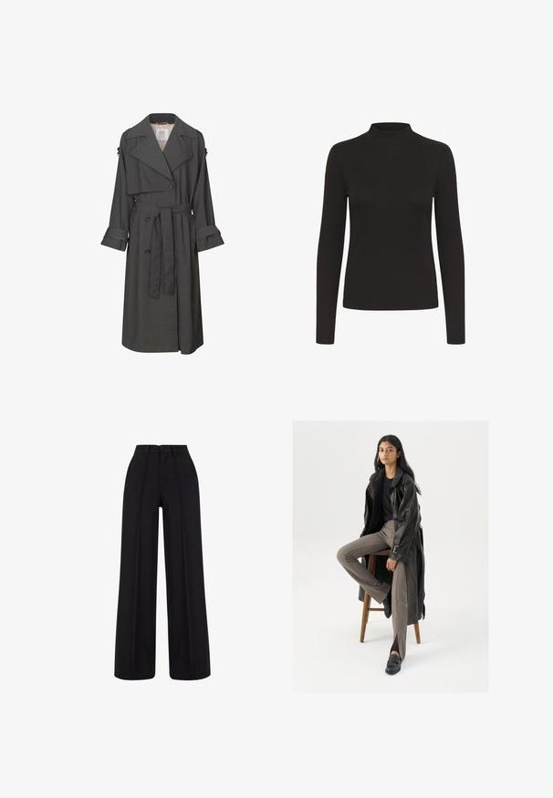 Grijze trenchcoat met een dubbelzijdige voorkant, een ceintuur in de taille, brede revers en mouwen. Heeft een soepele textuur en een op maat gemaakte ontwerp.; Zwarte ribgebreide top met lange mouwen en een hoge kraag, aansluitende snit en eenvoudige ontwerp, weergegeven op een witte achtergrond.; Zwarte broek met een hoge taille en brede pijpen, met naden aan de voorkant, riemlussen en een knoopsluiting in de tailleband.; Zwarte leren trenchcoat met knopen en riemdetails, gecombineerd met lichtbruine getailleerde broek en zwarte loafers, zittend op een houten kruk.